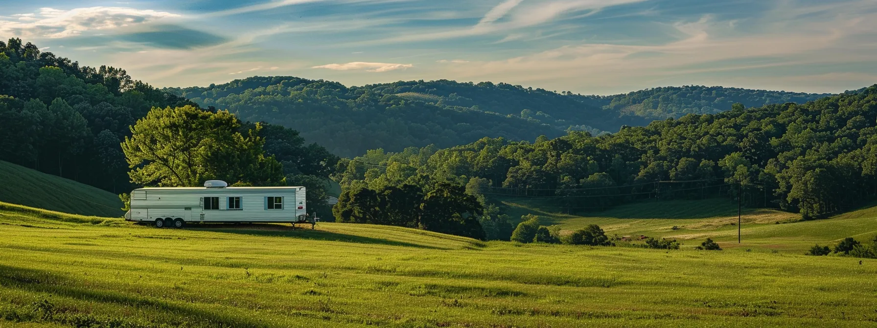 a dynamic scene captures a clayton mobile home being skillfully maneuvered through a picturesque west virginia landscape, showcasing vibrant green hills and a clear blue sky.