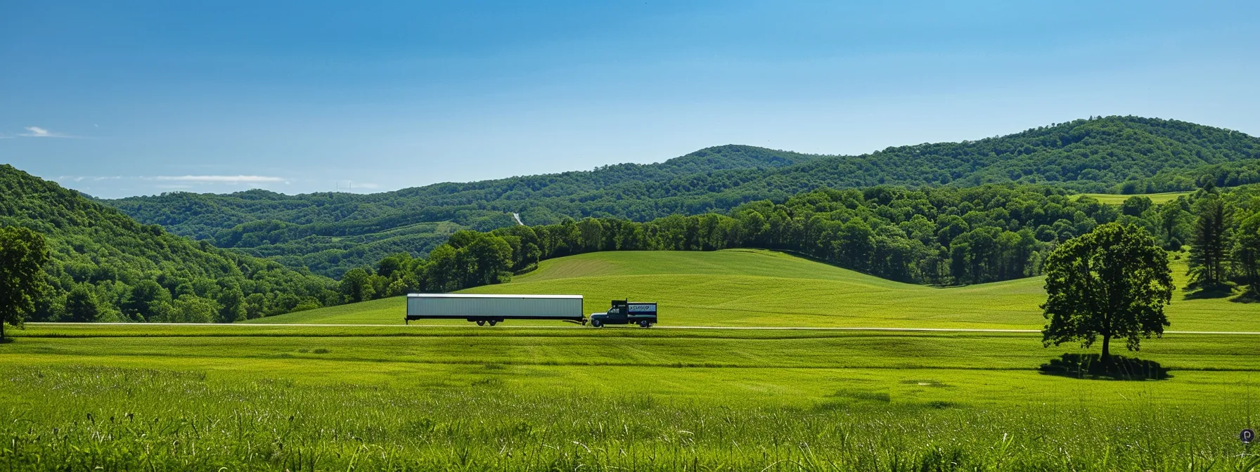 a dynamic scene of mobile home movers in kentucky maneuvering a vibrant, spacious trailer against a backdrop of rolling green hills under a clear blue sky.