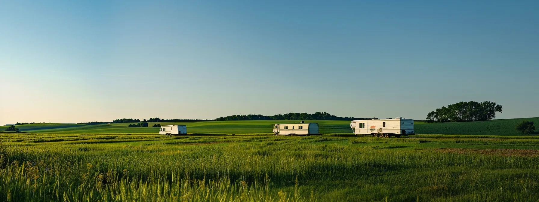 a fleet of modern mobile home movers navigates the tranquil rural landscapes of iowa, surrounded by lush green fields under a clear blue sky, capturing the essence of skilled transport and countryside serenity.