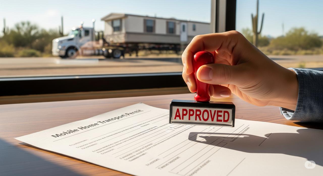 An official mobile home transport permit for Arizona is stamped with approval, ensuring a legal and safe relocation