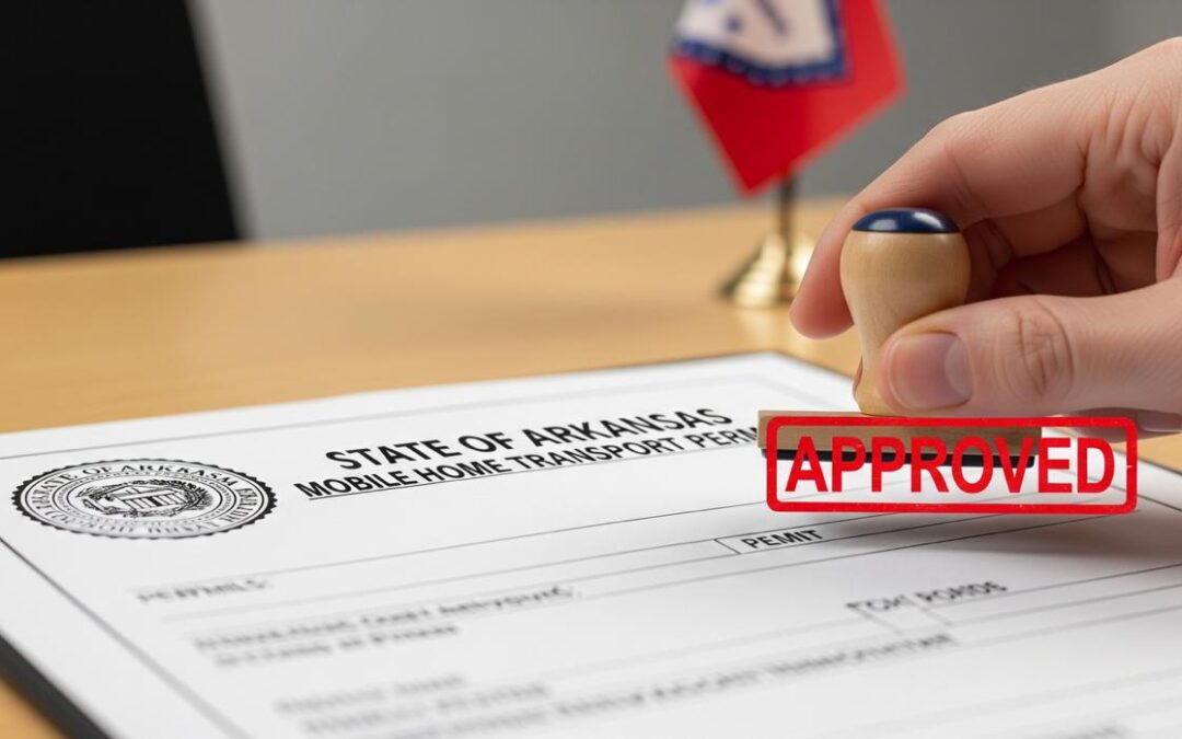 An official State of Arkansas mobile home transport permit being stamped with 'APPROVED,' ensuring a legal and compliant move.