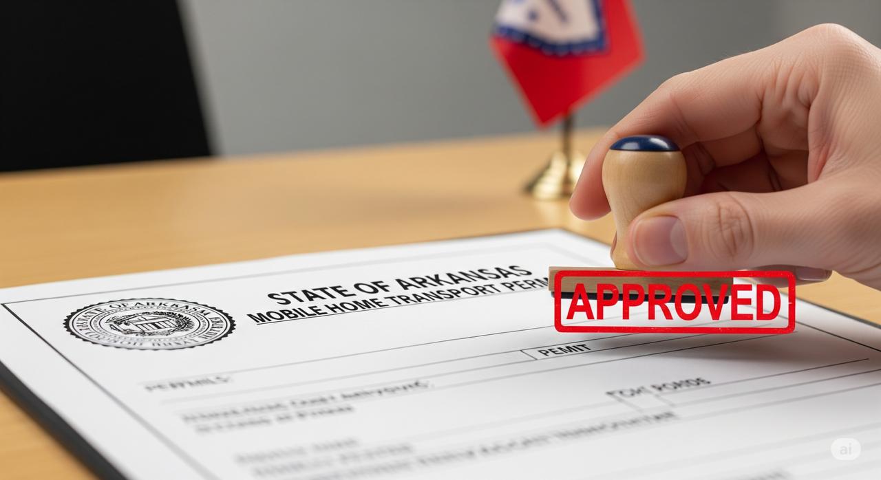 An official State of Arkansas mobile home transport permit being stamped with 'APPROVED,' ensuring a legal and compliant move.