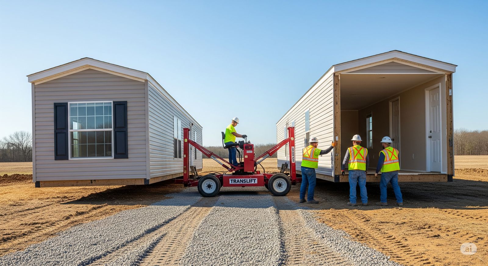 A professional crew uses specialized equipment to join the two halves of a double wide mobile home during setup in Jonesboro, Arkansas.