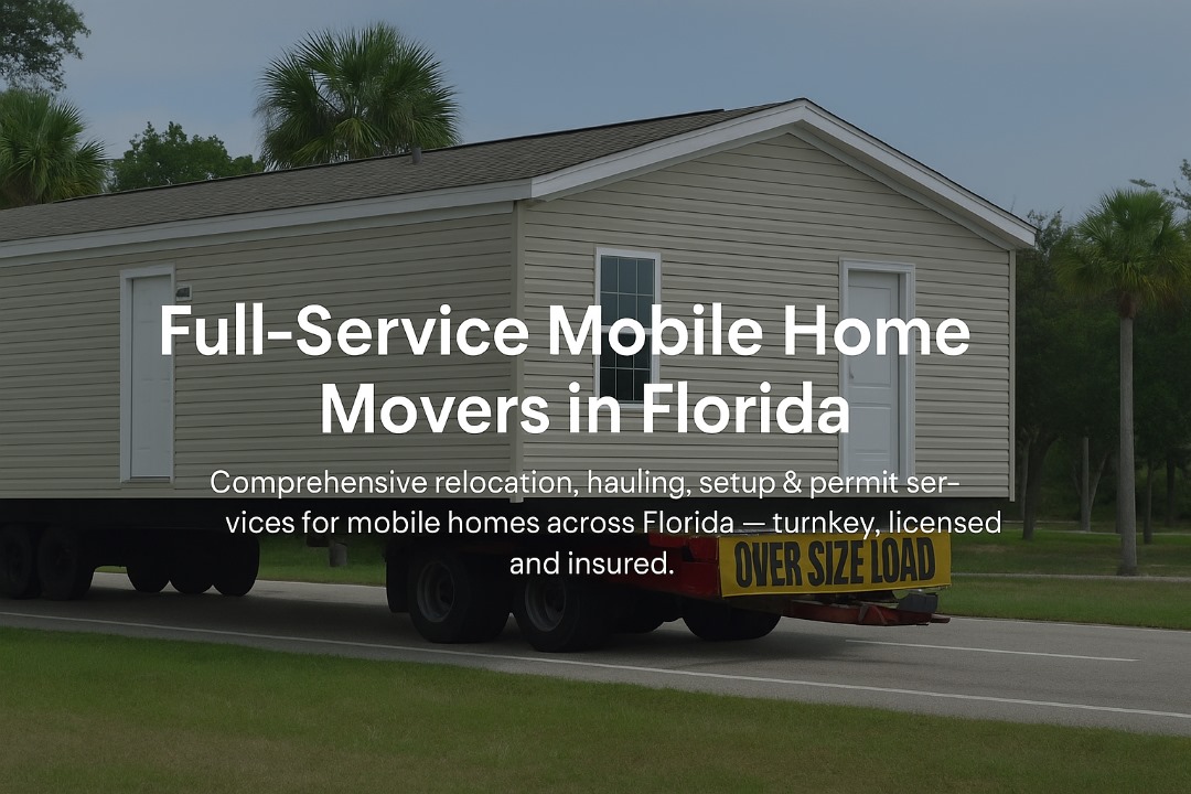 Mobile home being hauled on a wide-load truck in Florida — illustrating full-service relocation