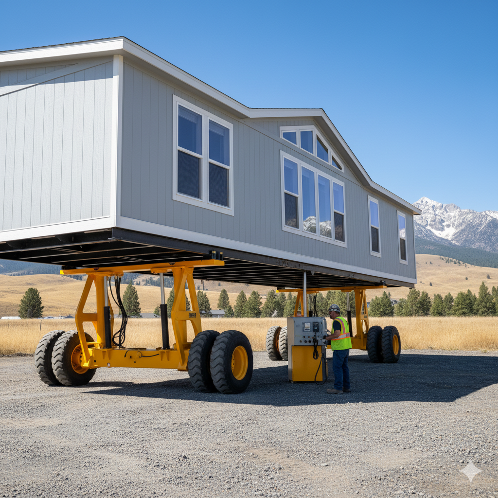 A specialized Translift machine with hydraulic wheels carefully maneuvering a mobile home onto its foundation in Idaho, showcasing the precision of modern moving equipment