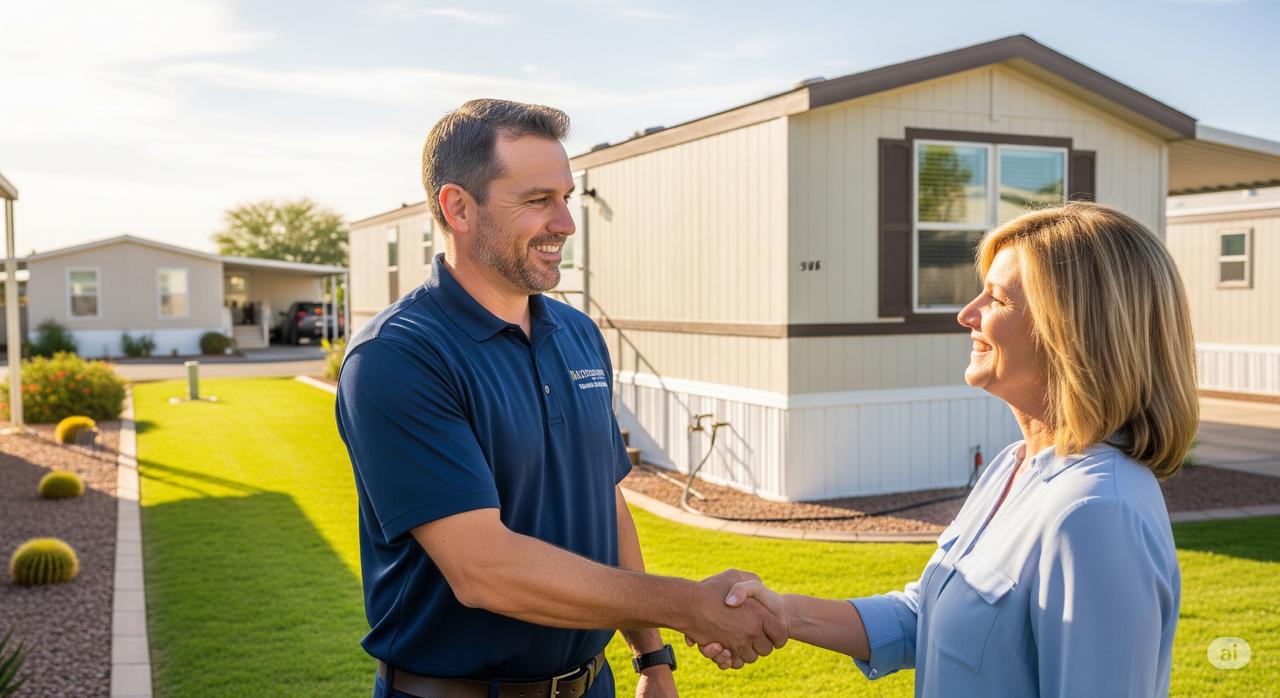 A professional mobile home mover shaking hands with a satisfied homeowner in front of their house in Mesa, Arizona.