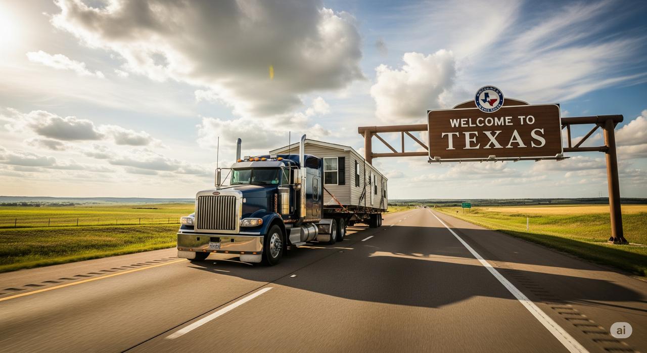 A professional transport truck moving a mobile home from Arkansas, driving past a 'Welcome to Texas' state line sign on the highway