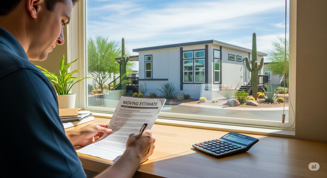 A person reviewing a moving estimate for the cost of relocating a mobile home in Scottsdale, Arizona.