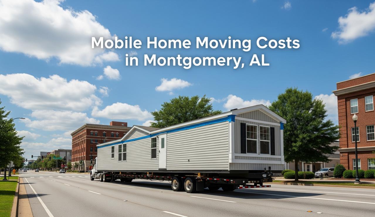 A professional moving truck transporting a single wide mobile home, illustrating the cost of moving in Montgomery, AL.