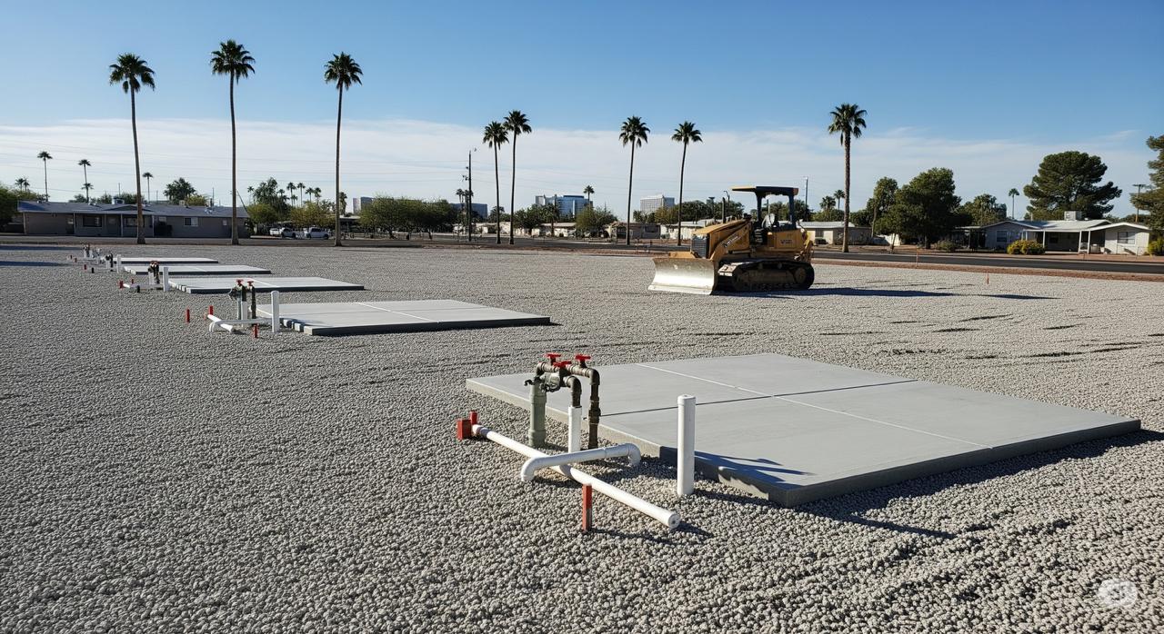 A professionally prepared and leveled lot in Phoenix, Arizona, with utility connections ready for a new mobile home installation.