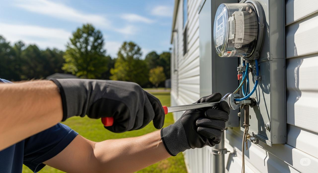 A professional electrician safely connecting the main power at the meter box for a new mobile home installation in Arkansas.