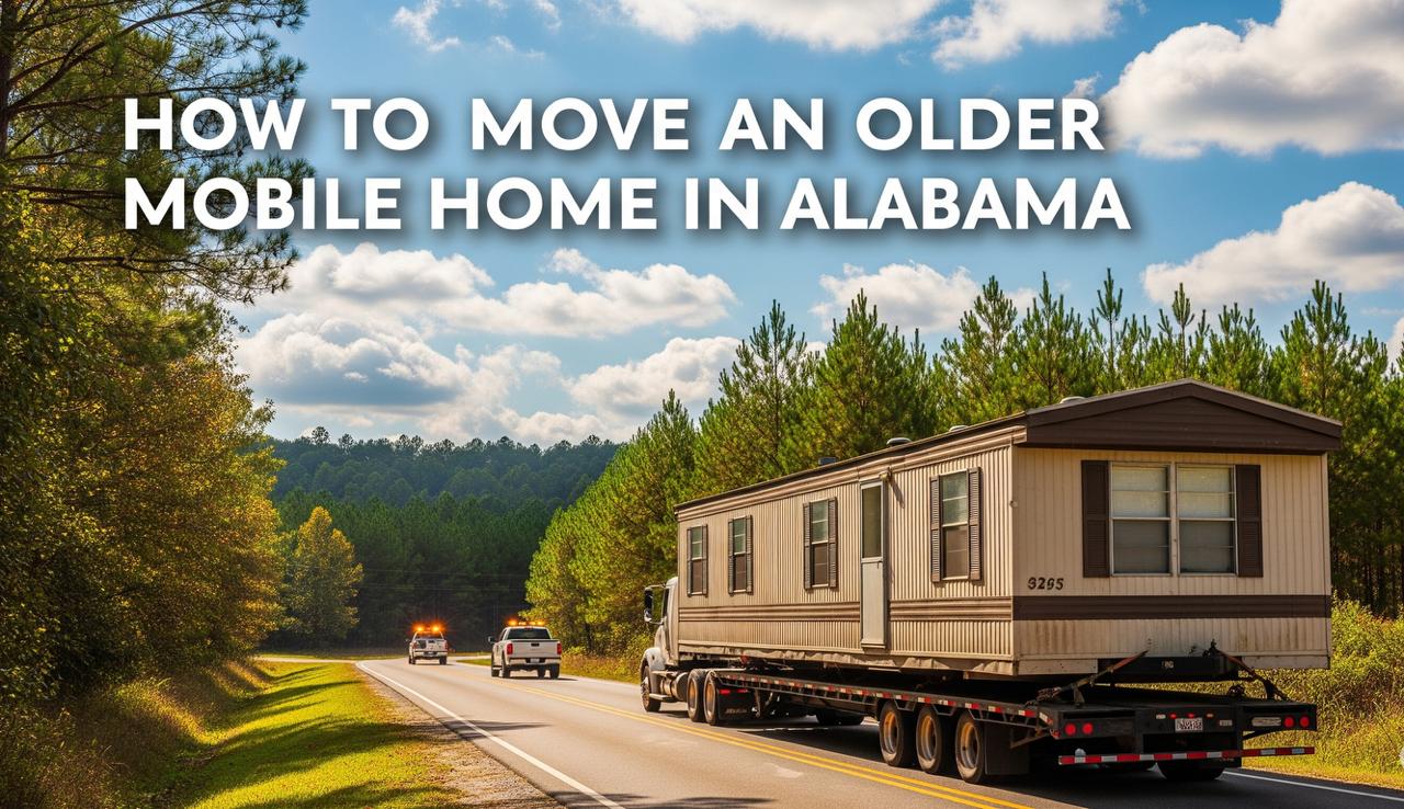 An older mobile home being carefully prepared for transport by professional movers in Alabama, with a focus on its structural integrity.