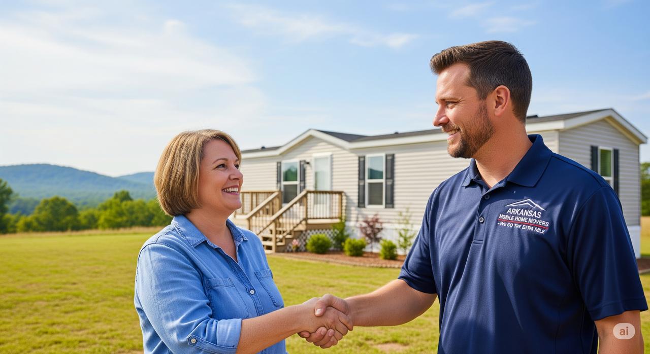 A friendly, professional mobile home mover shakes hands with a satisfied homeowner in front of her newly set up home in Arkansas.