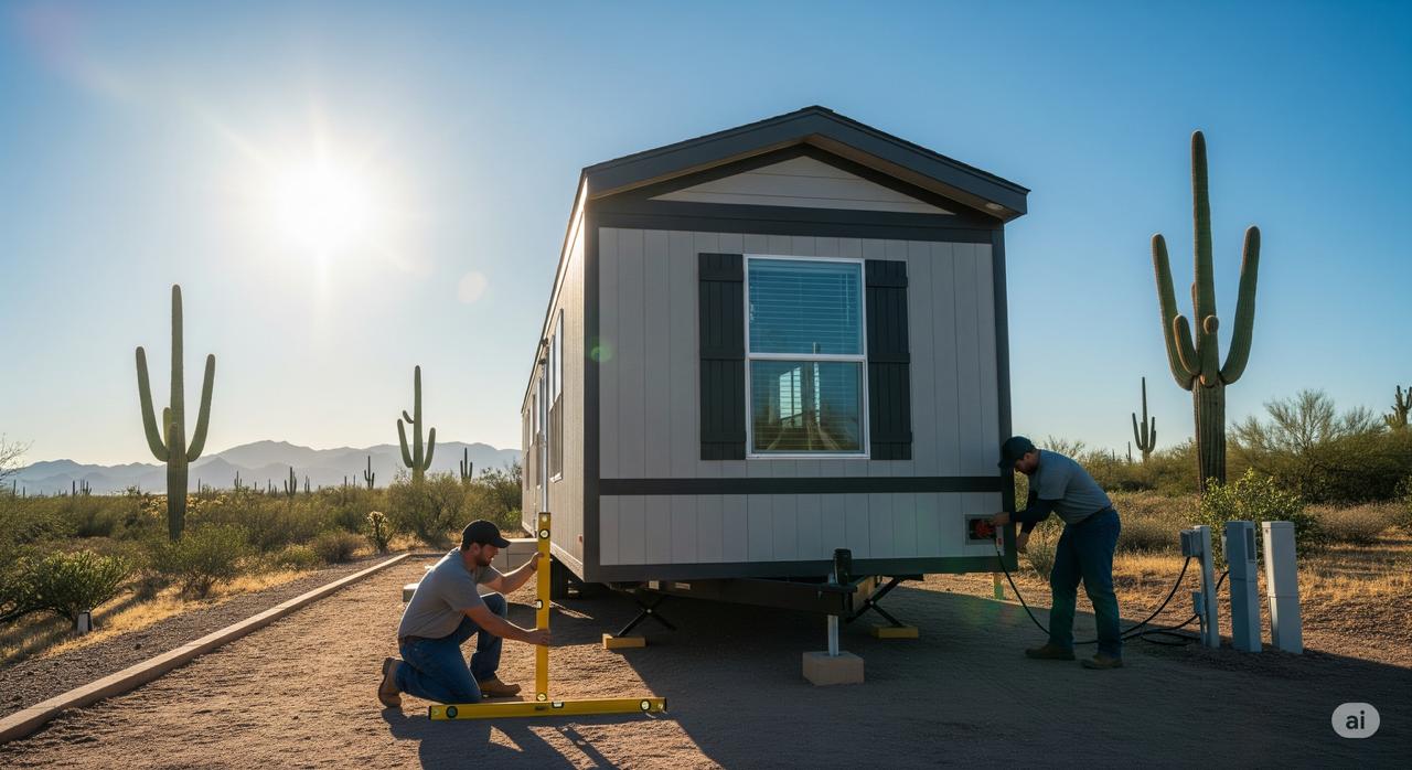 A team of professional movers completes the final leveling and setup of a new mobile home in a sunny Arizona location.