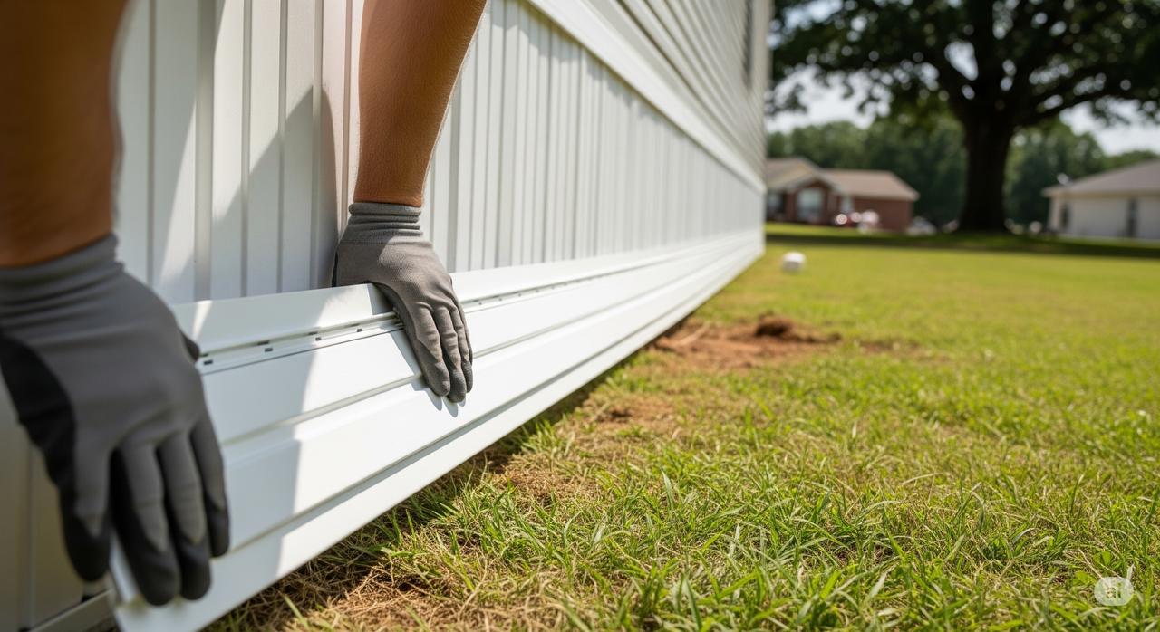 A professional installer fits the final panel of vinyl skirting to a mobile home, securing the underside of the house in Arkansas.