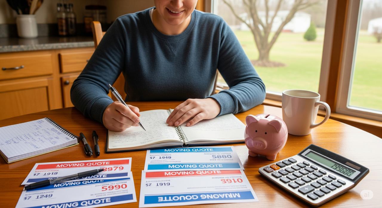 A person at a table with a piggy bank, calculator, and moving quotes, planning how to save money on their mobile home relocation in Arkansas.