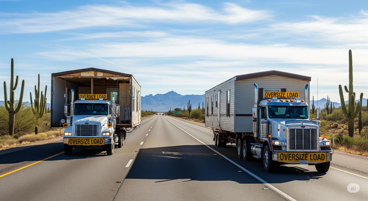 A comparison of a single wide and a double wide mobile home being transported by trucks on a highway in Tucson, Arizona.