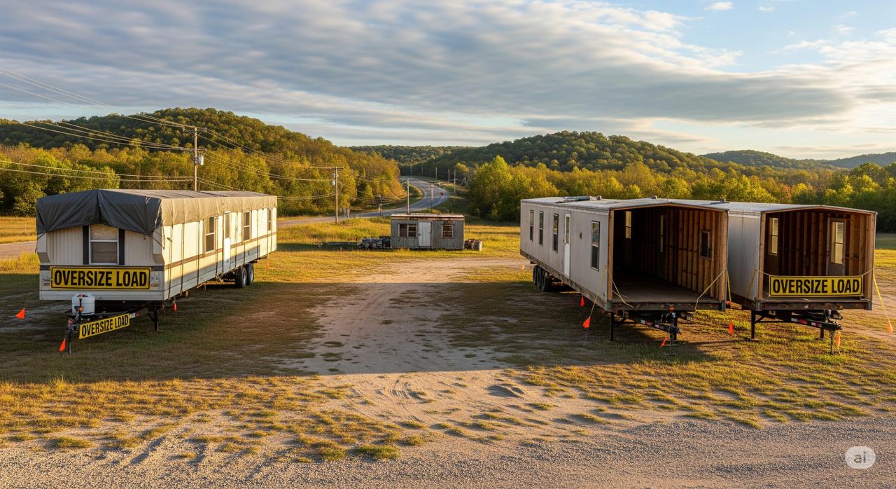 A visual comparison of a single wide mobile home and the two halves of a double wide mobile home prepared for transport in Fort Smith, Arkansas.