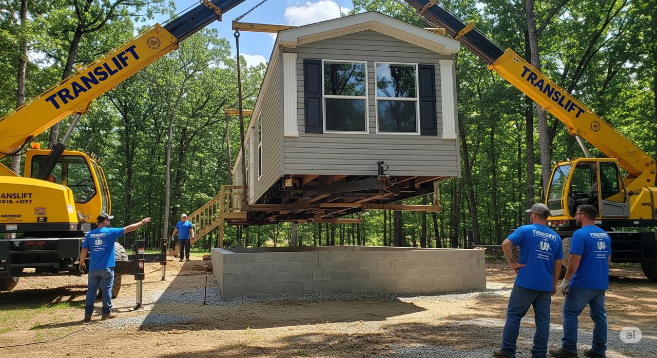 A professional moving crew successfully completes the final step of setting a mobile home onto its new foundation in Arkansas.