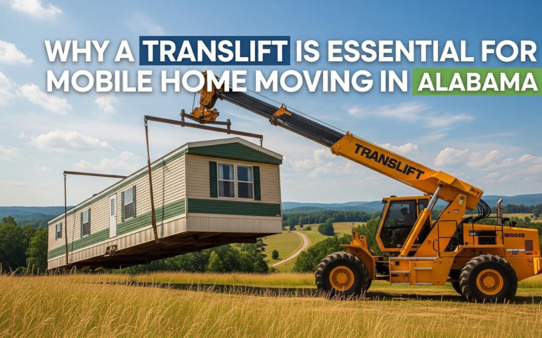 A team of professional mobile home movers in Alabama using specialized Translift equipment to safely transport a manufactured house.