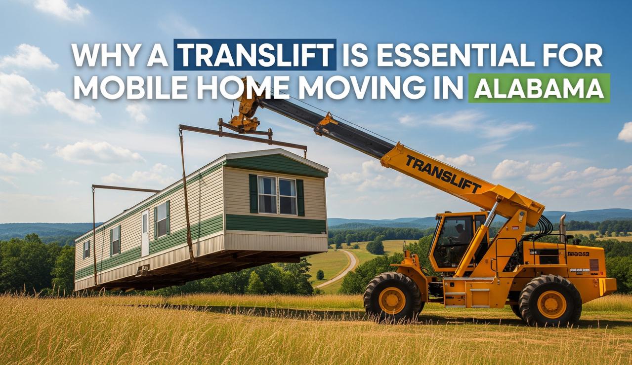 A team of professional mobile home movers in Alabama using specialized Translift equipment to safely transport a manufactured house.