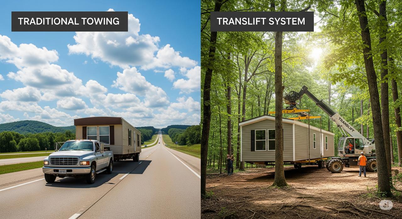 A split image comparing traditional truck towing of a mobile home on an open highway versus a Translift system precisely placing a home in a tight space.