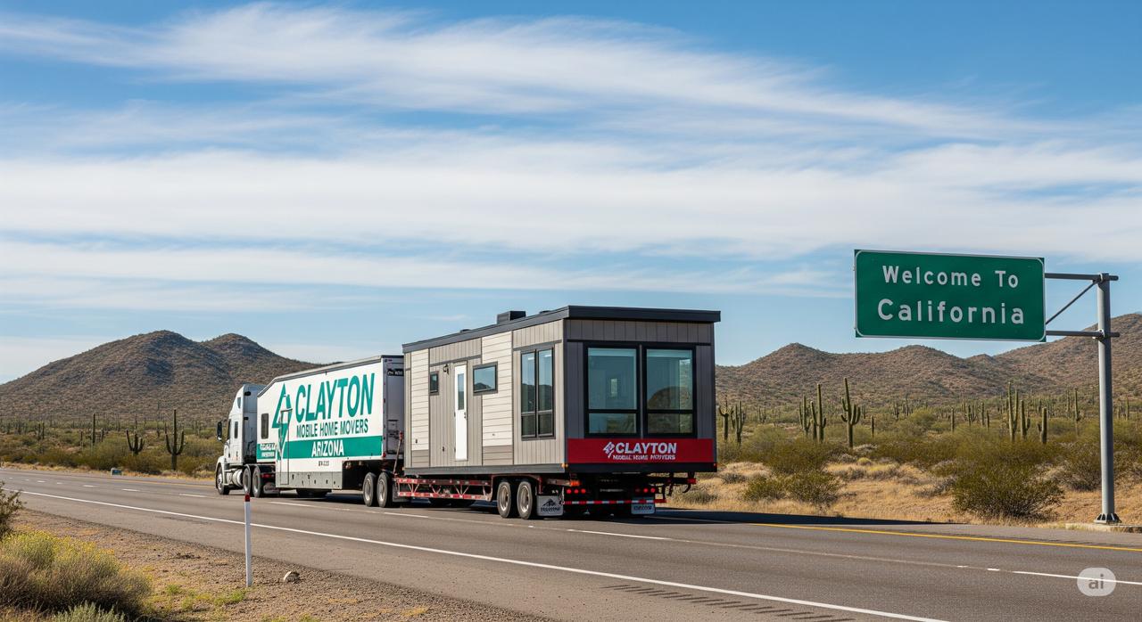 A professional truck from Clayton Mobile Home Movers Arizona transports a mobile home across the state line into California, showcasing their interstate moving expertise.