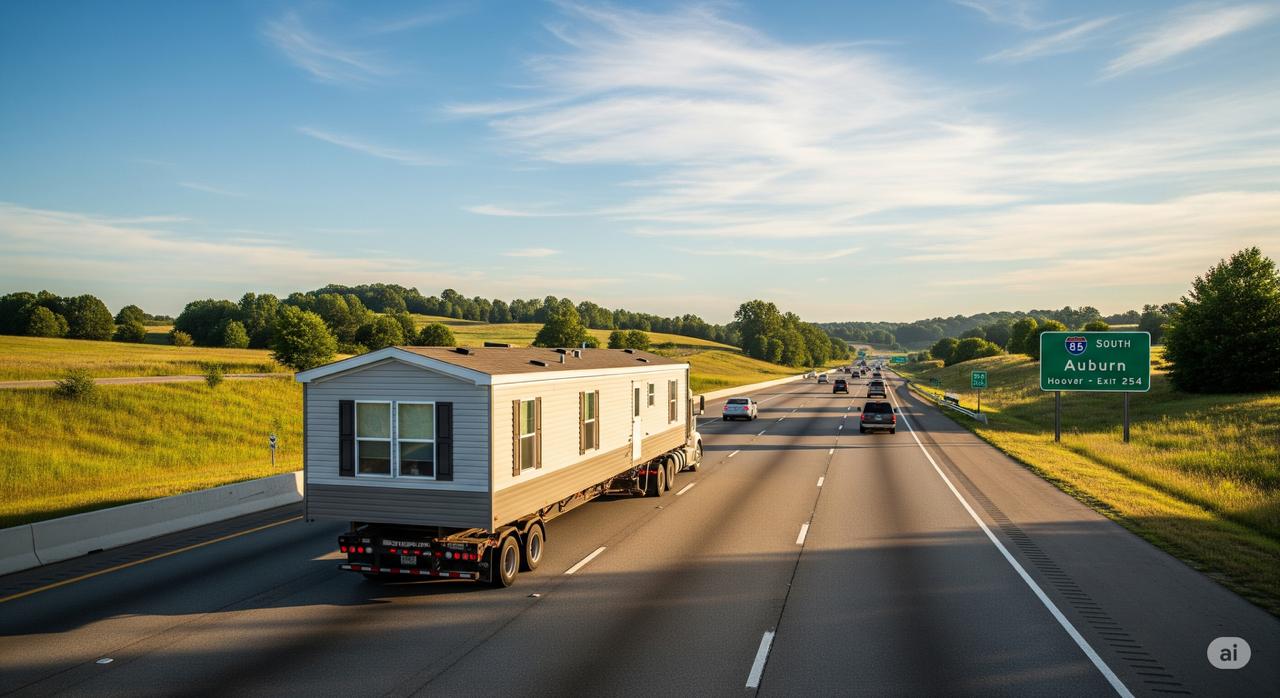 A professional transport truck safely moving a mobile home along an Alabama highway, illustrating a long-distance relocation from Hoover to Auburn, AL.