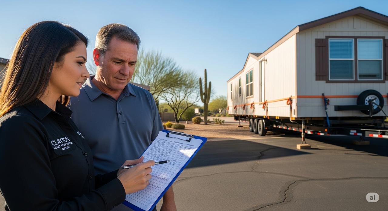 A Clayton Mobile Home Movers coordinator reviewing the moving schedule with a homeowner in Arizona, ensuring an efficient and timely relocation.