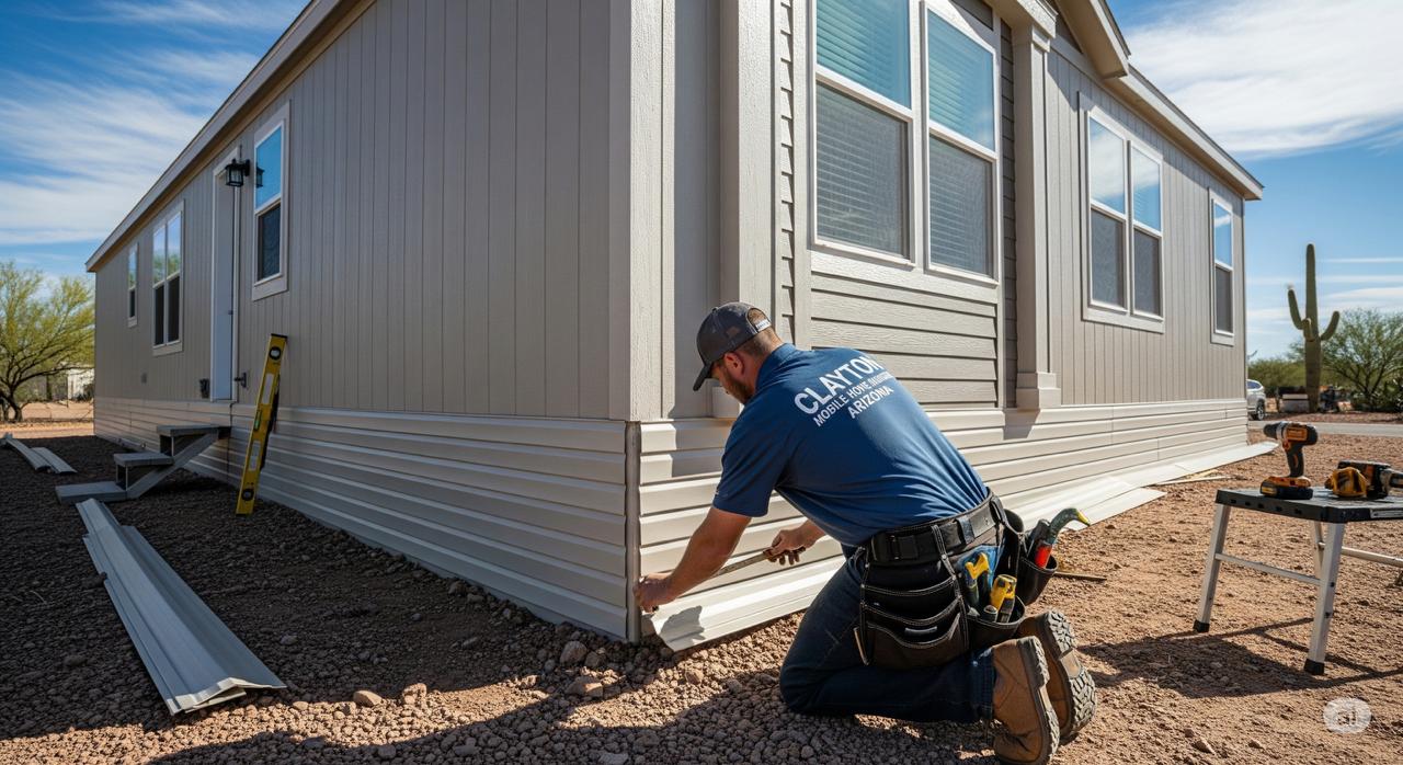 A professional from Clayton Mobile Home Movers Arizona installing vinyl skirting on a mobile home for a clean, finished look.
