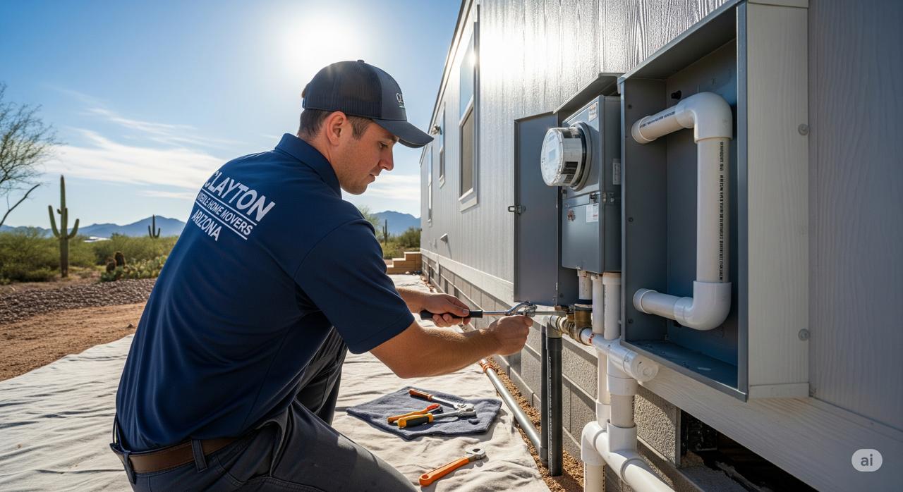 A professional technician from Clayton Mobile Home Movers Arizona safely connecting water and electricity to a new mobile home