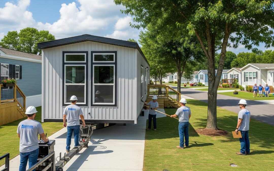 A team of professional Madison County, AL mobile home movers carefully setting up a new home in a beautiful, well-maintained community.