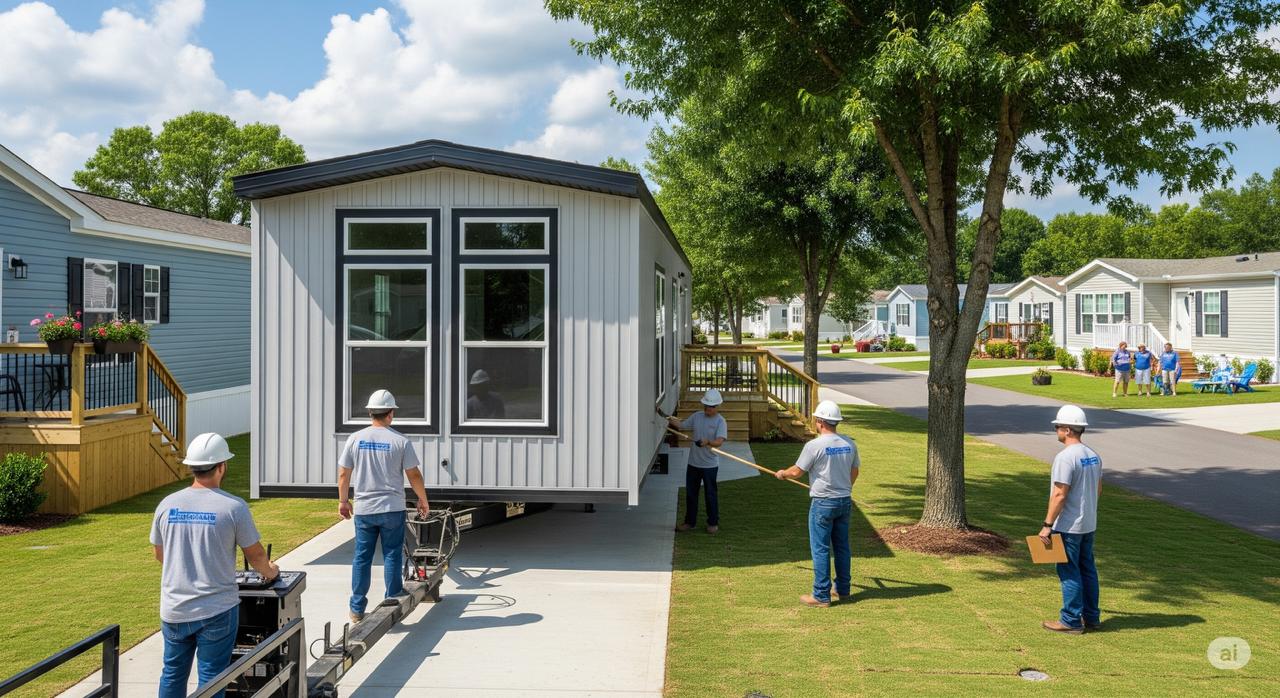 A team of professional Madison County, AL mobile home movers carefully setting up a new home in a beautiful, well-maintained community.