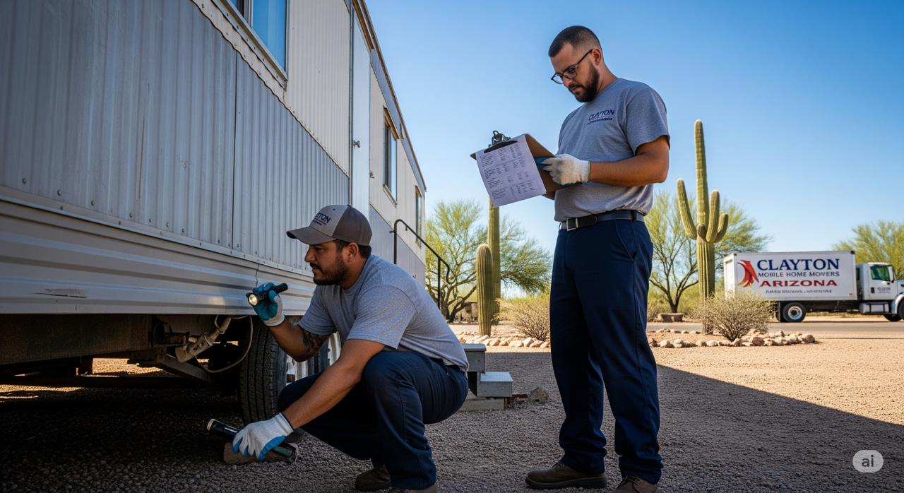 Experienced movers from Clayton Mobile Home Movers Arizona carefully inspecting the frame of an older mobile home before a move.