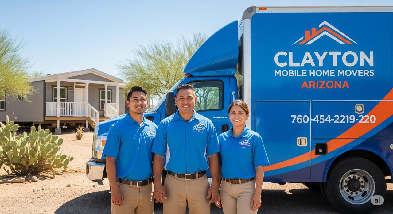 The professional, licensed team from Clayton Mobile Home Movers Arizona standing in front of their service truck, ready to provide expert moving services