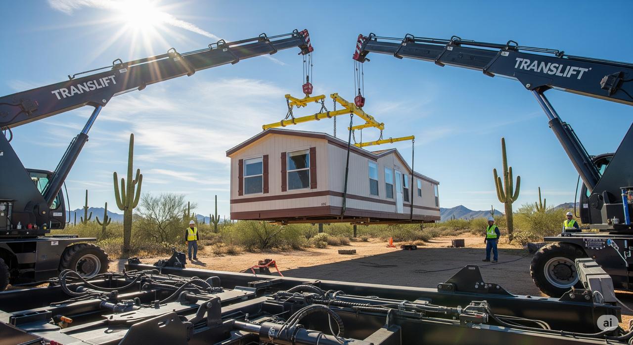 A professional Translift system used by Clayton Mobile Home Movers in Arizona safely lifting a double-wide home, demonstrating modern moving technology