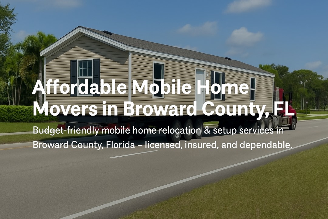 Mobile home being hauled by a truck in Broward County, Florida — illustrating an affordable relocation service