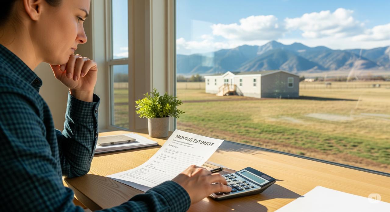A person at a desk budgeting the cost of a mobile home move, with a view of a home and the Colorado mountains in the background.