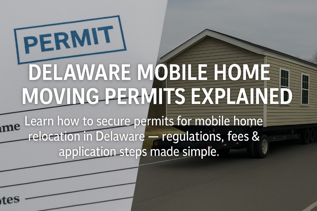 Permit paperwork overlayed with mobile home being transported, representing mobile home moving permit process in Delaware