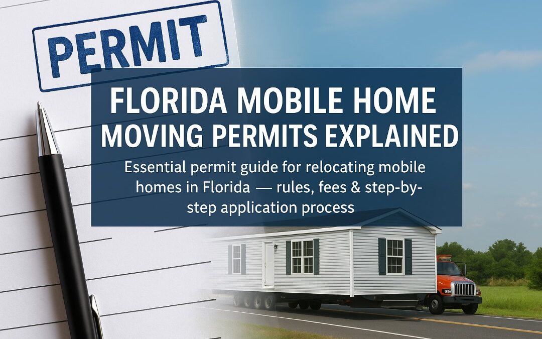 Permit paperwork overlayed with a mobile home on a transporter driving through a Florida road scene, representing mobile home moving permit process
