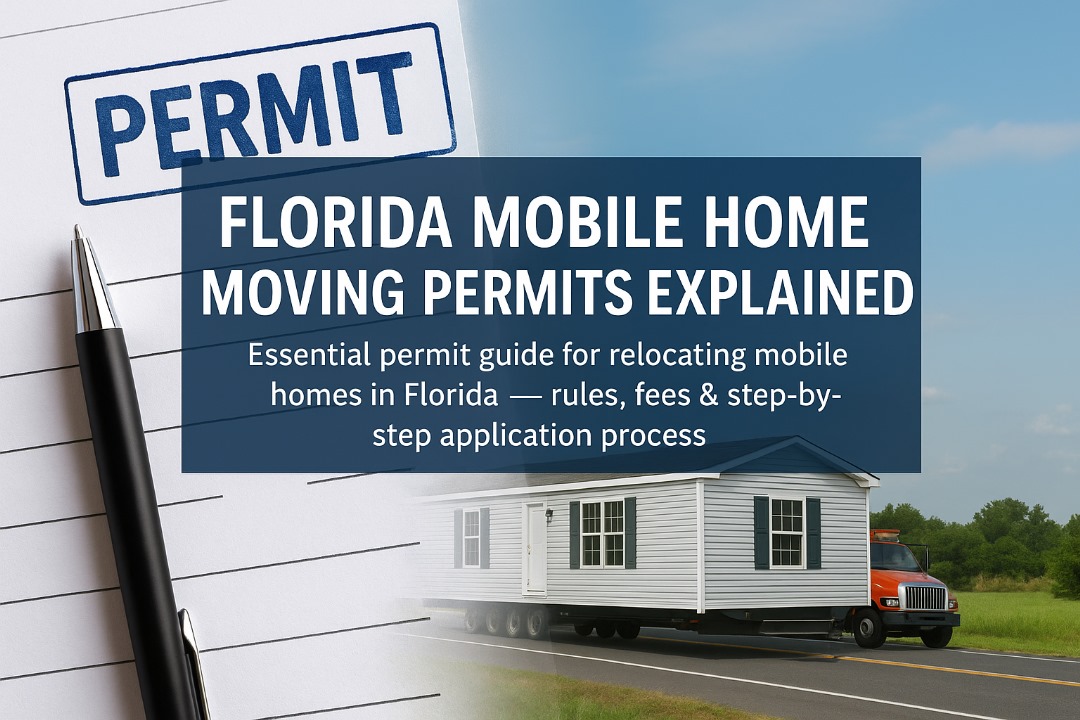 Permit paperwork overlayed with a mobile home on a transporter driving through a Florida road scene, representing mobile home moving permit process