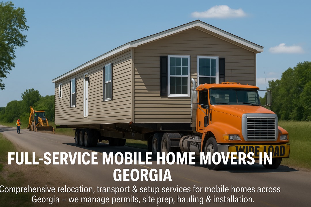 Mobile home being transported on a wide-load truck in Georgia with full setup equipment