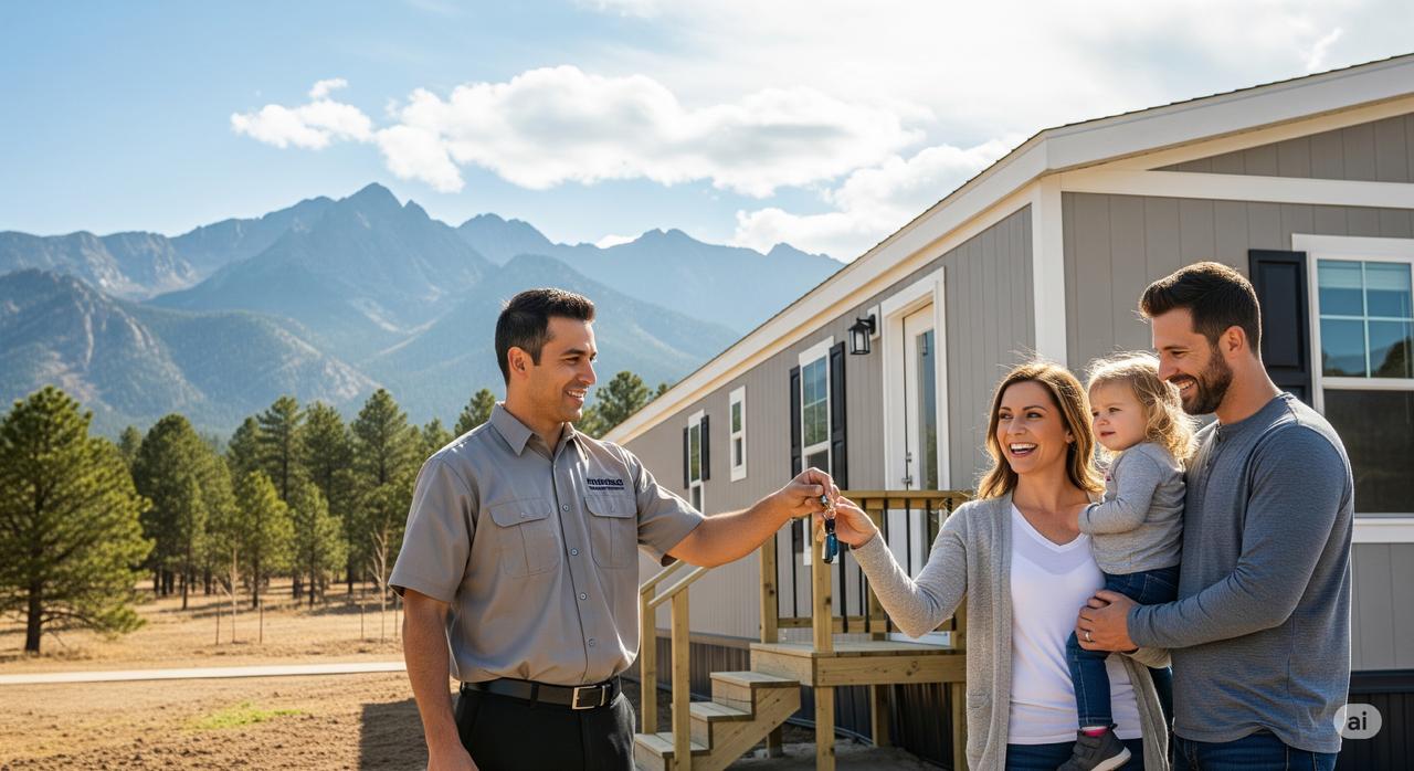 A professional mover hands keys to a happy family in front of their newly set up mobile home with the Colorado Rocky Mountains in the background.