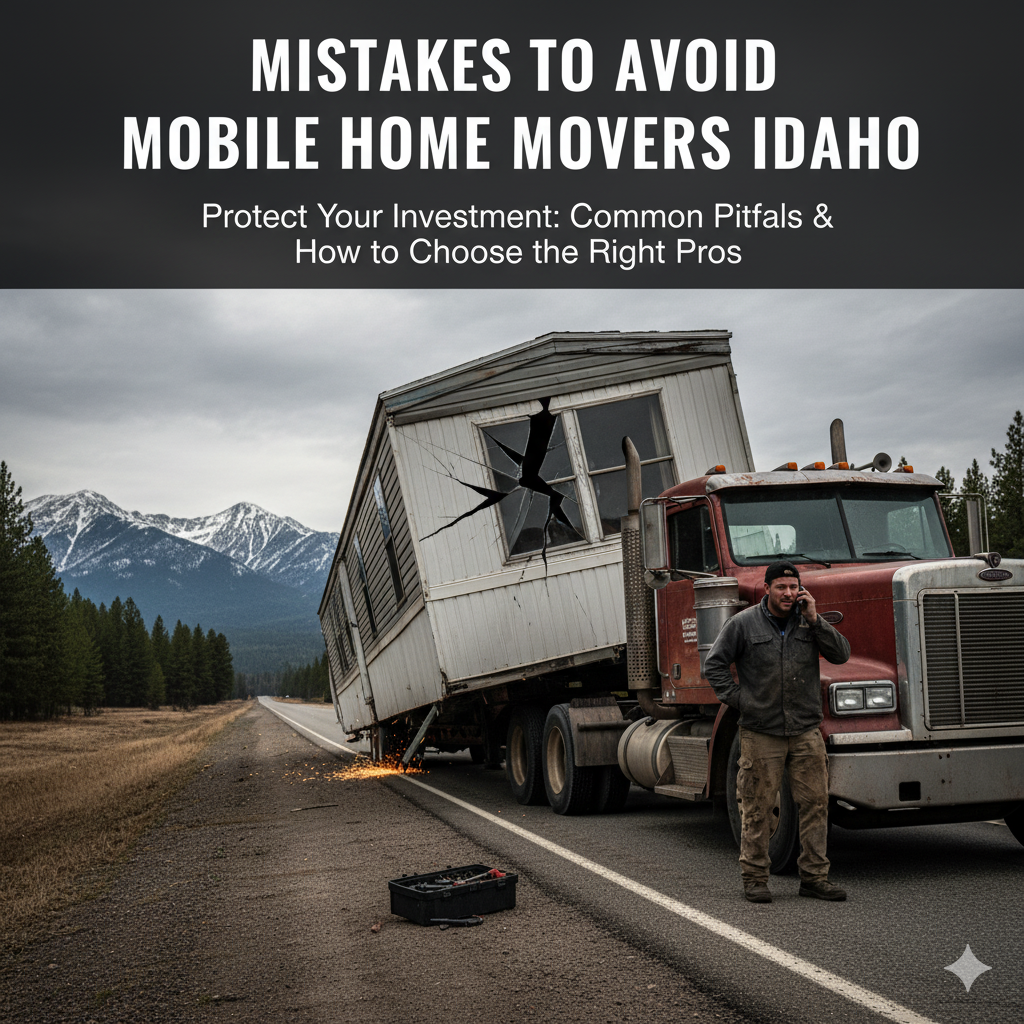 A stressed homeowner on the phone in front of a poorly-moved mobile home, illustrating the common mistakes to avoid when hiring unprofessional movers in Idaho
