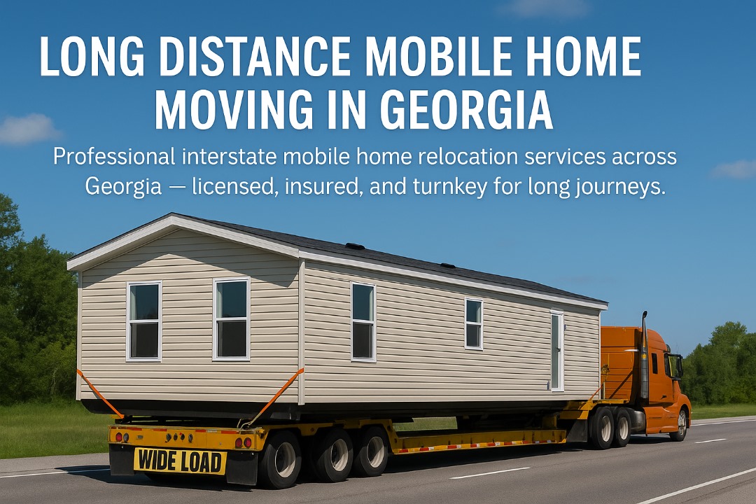 Mobile home being transported on a long-haul truck across Georgia, representing long distance relocation