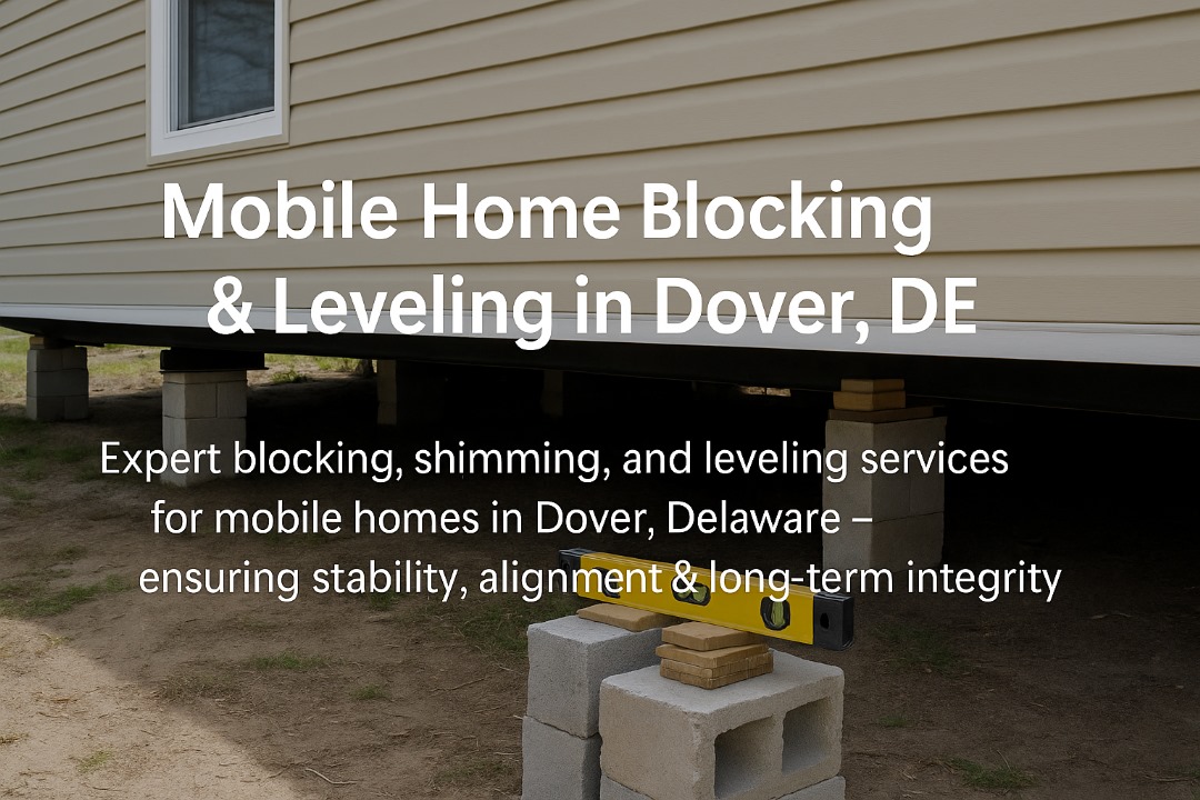 Mobile home on supports with leveling blocks and shims in Dover, Delaware — showing blocking & leveling work