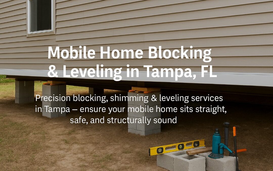 Mobile home raised on piers with leveling blocks being adjusted in Tampa, Florida — illustrating mobile home blocking & leveling