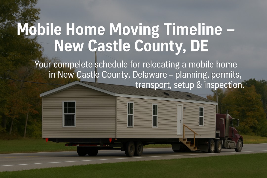 Mobile home being transported on a truck in Delaware, illustrating a structured moving timeline for New Castle County