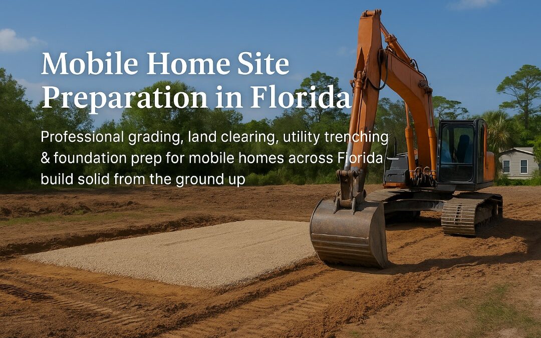 Excavator grading land and preparing foundation pad for a mobile home site in Florida