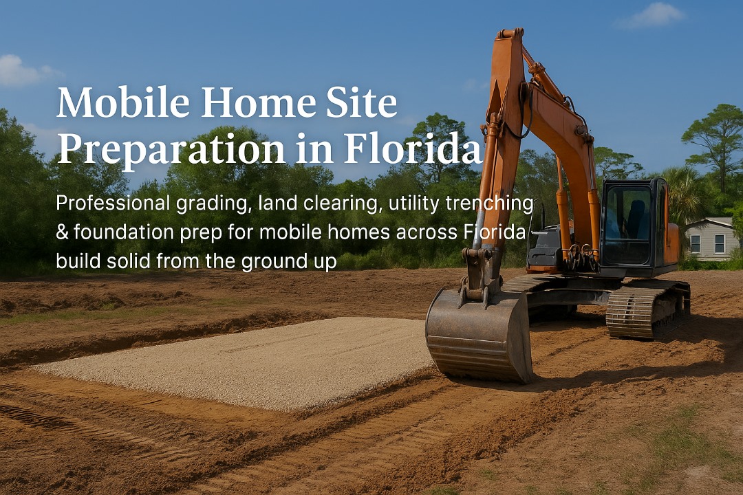 Excavator grading land and preparing foundation pad for a mobile home site in Florida